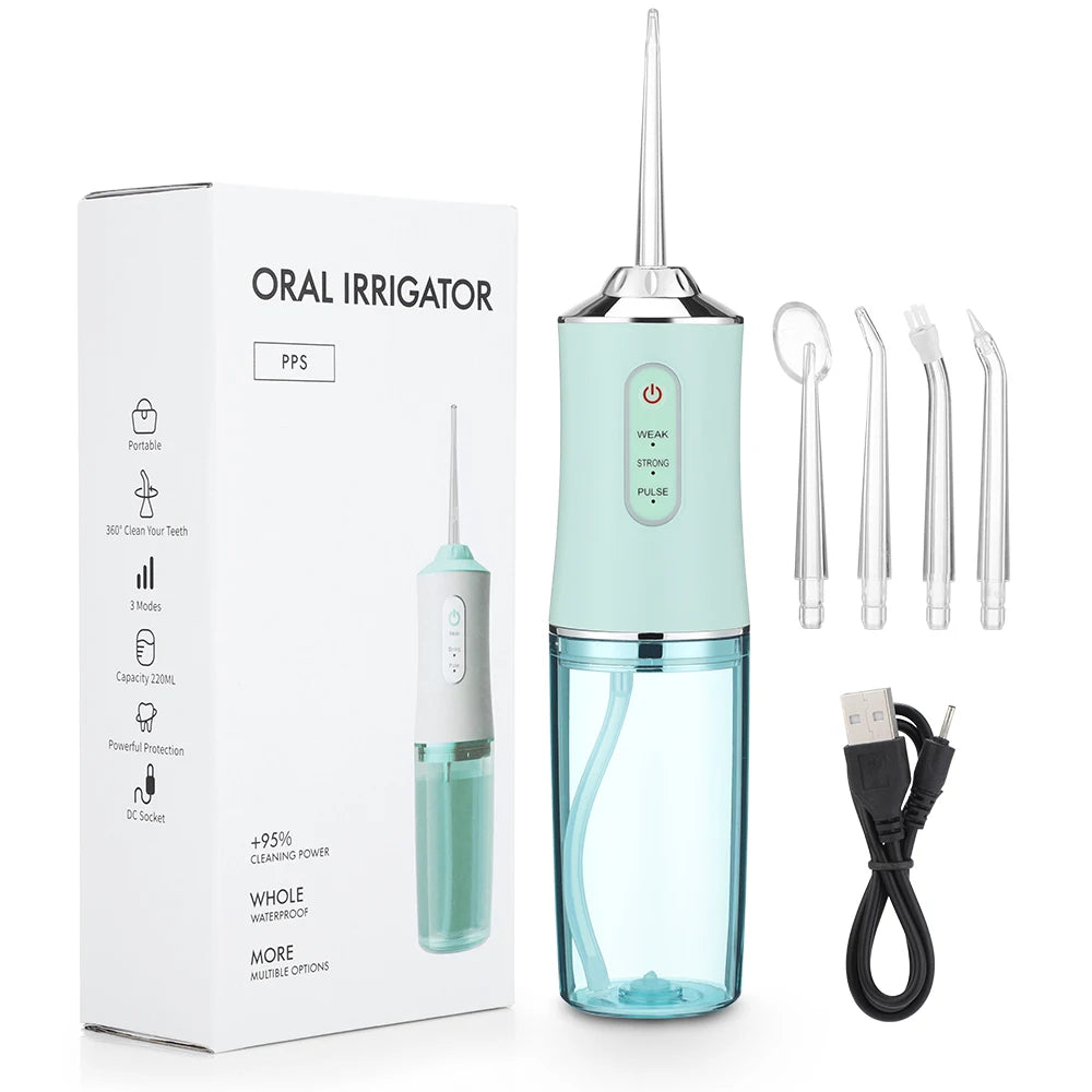 Oral Irrigator Portable Dental Water Flosser USB Rechargeable Water Jet Floss Tooth Pick 4 Jet Tip 220Ml 3 Modes IPX7 1400Rpm