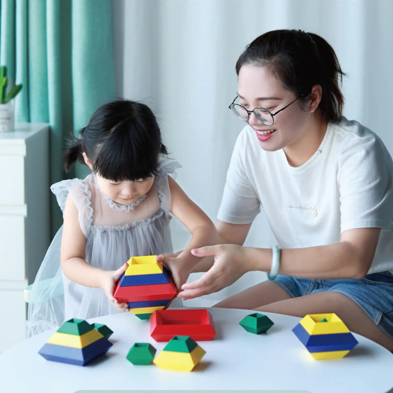 Kids Construction Set Pyramid Building Blocks Set 3D Geometry Space Game Montessori Educational Toys for Children Boy Girl