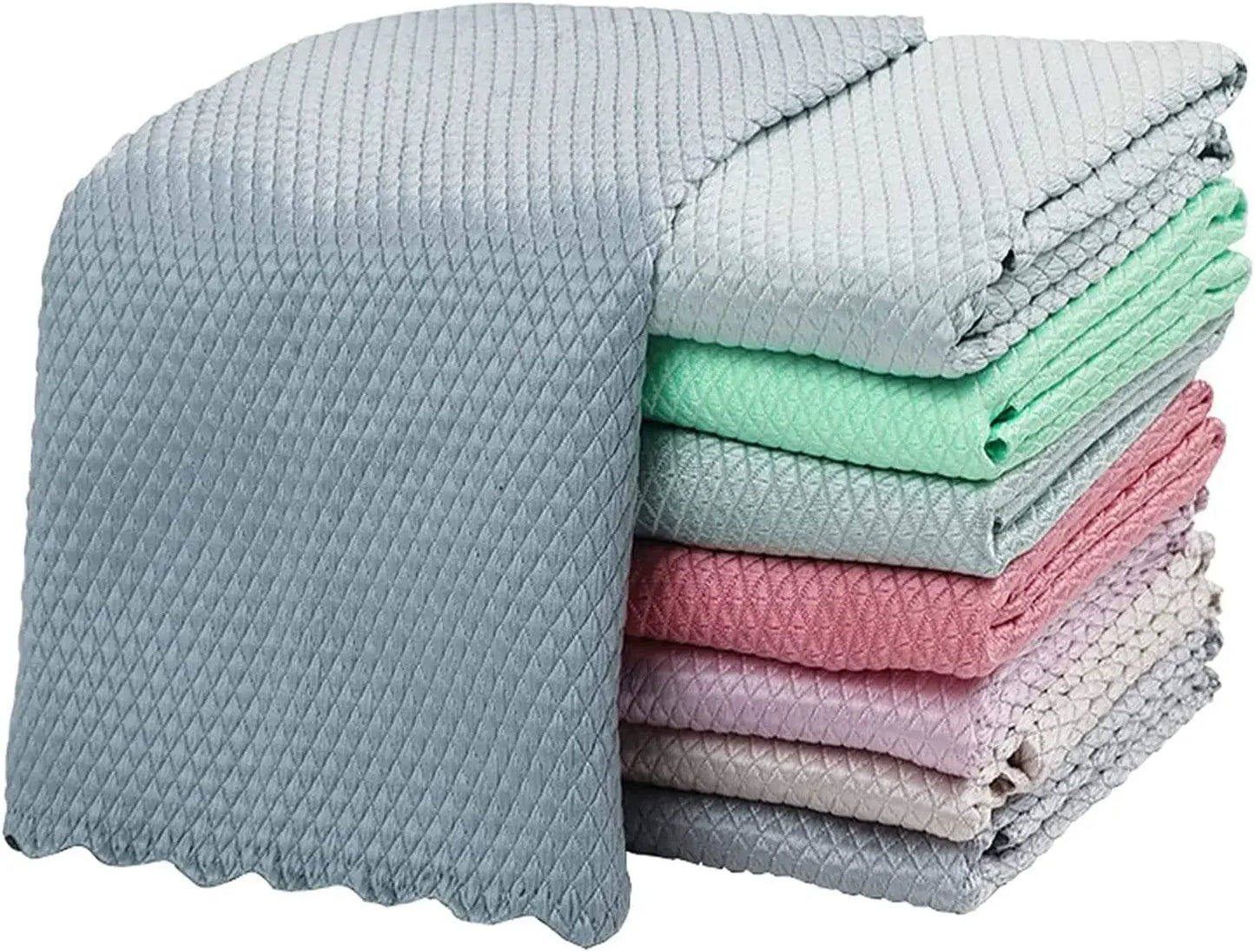 10Pcs Kitchen Cleaning Microfiber Fish Scale Cloth Dishwashing Cloth Lint-Free Dining Table Glass Wipe Polishing Reusable